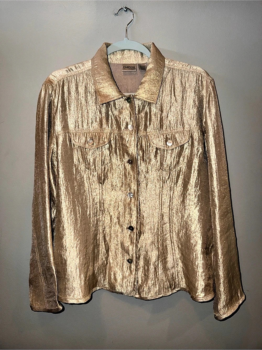 Chico's Women's Alicia Metallic Gold Shimmer Crinkle Button-Down Shirt Jacket 2